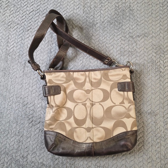 Coach Signature C Canvas Leather Trim Crossbody Shoulder Bag Brown Chain - Picture 2 of 12